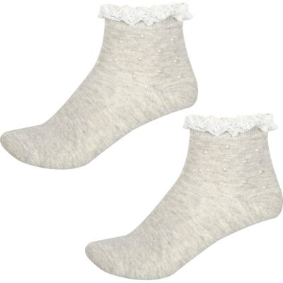Girls grey pearl frill socks pack